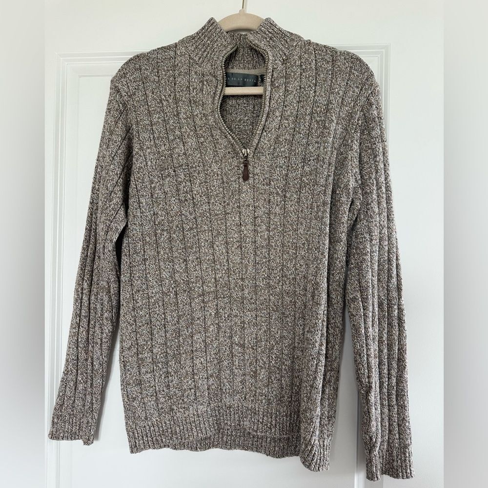 Oscar De La Renta Mens Size M Beige Brown Quarter Zip Knit Pullover Sweater